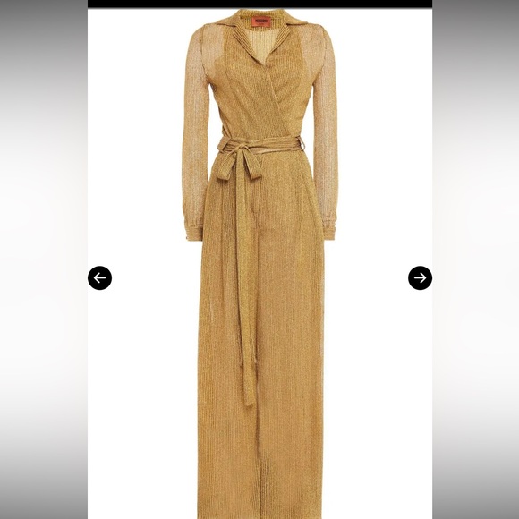 Missoni Pants - Missoni Metallic Knit Wrap Jumpsuit Gold Lurex Wide Leg Plunge Size 38 NWT Italy